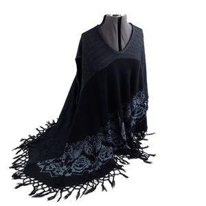 Womens One Size Poncho One-Arm-Out Versatile Fringe Acrylic Abstract Black Grey
